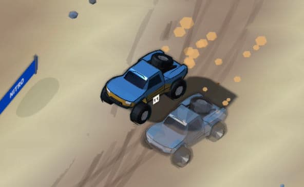 Isometric view of a blue off-road racing truck alongside its translucent ghost truck on a dirt track