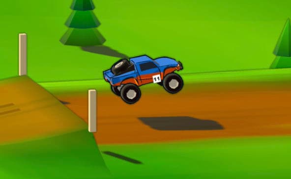 Cel-shaded off-road truck launching off a dirt ramp over low-poly green hills