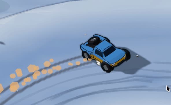 Off-road racing truck turning a painted hairpin apex on a dirt circuit, seen from above